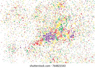 Particle spray, dust and dots, random molecules. Colour on white explosion of glitter and sparkles. Grainy textured template design for craft paper, birthday card, holidays invitation flyer. Vector.