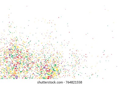 Particle spray, dust and dots, random molecules. Colour on white explosion of glitter and sparkles. Grainy textured template design for craft paper, birthday card, holidays invitation flyer. Vector.