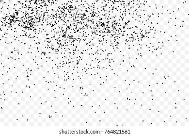 Particle spray, dust and dots, random molecules. Black on transparent background explosion of glitter and sparkles. Grainy textured template birthday card, holidays invitation flyer. Vector.