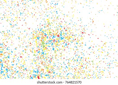 Particle spray, dust and dots, random molecules. Colour on white explosion of glitter and sparkles. Grainy textured template design for craft paper, birthday card, holidays invitation flyer. Vector.