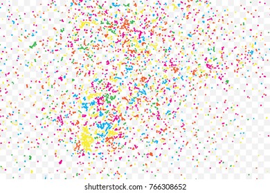 Particle spray, dust and dots, random molecules. Colour on transparent background explosionof glitter and sparkles. Grainy textured template birthday card, holidays invitation flyer. Vector.