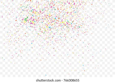 Particle spray, dust and dots, random molecules. Colour on transparent background explosionof glitter and sparkles. Grainy textured template birthday card, holidays invitation flyer. Vector.