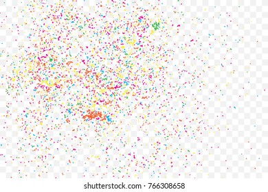 Particle spray, dust and dots, random molecules. Colour on transparent background explosionof glitter and sparkles. Grainy textured template birthday card, holidays invitation flyer. Vector.