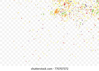 Particle spray, dust and dots, random molecules. Colour on transparent background explosionof glitter and sparkles. Grainy textured template birthday card, holidays invitation flyer. Vector.