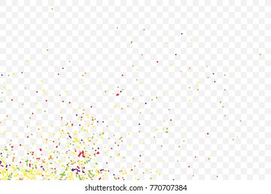 Particle spray, dust and dots, random molecules. Colour on transparent background explosionof glitter and sparkles. Grainy textured template birthday card, holidays invitation flyer. Vector.