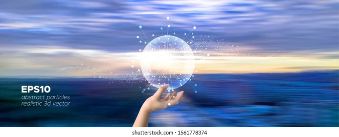 Particle star dust with light and hand of human. Dot flying network touched by businessman on blurred skyline background.
Digital data ai global network technology. Touch the science molecule cell 