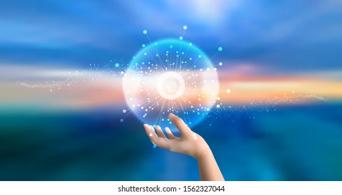Particle star dust with light and hand of human. Dot flying network touched by businessman on blurred skyline mixed media.
Digital data ai global network technology. Touch the science molecule cell 