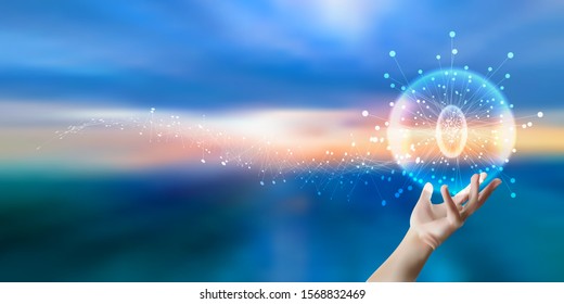 Particle star dust with light and hand of human. Dot flying network touched by businessman on blurred skyline background.
Digital data ai global network technology. Touch the science molecule cell 