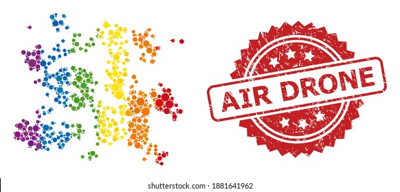 Particle swarm collage icon of circle items in various sizes and LGBT colored color tints, and Air Drone corroded rosette seal imitation. A dotted LGBT-colored Particle swarm for lesbians, gays,