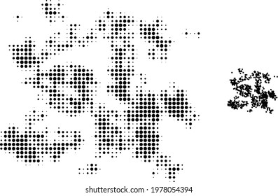 Particle swarm halftone dotted icon illustration. Halftone pattern contains round pixels. Vector illustration of particle swarm icon on a white background. Flat abstraction for particle swarm symbol.