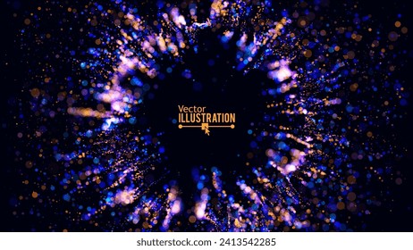 Particles Blast Circle Frame. Particles Shockwave Explosion Effect Background. Abstract Digital Eye Iris. Radial Sound Explosion Wave Music Visualization. Vector Illustration.