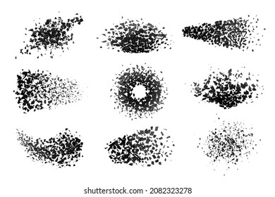 Las partículas estallan. Formas de chispa, partícula destructiva de triángulos. Explosión geométrica negra, fragmentos de explosión abstractos. Elementos vectoriales recientes digitales