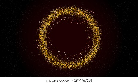 Particles in a circle in the center. Futuristic explosion backdrop for innovation, tech, and science. Horizontal banner with room for text at the center.