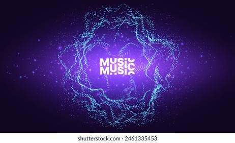 Particles Circle Frame. Particles Shockwave Explosion Effect on Dark Background. Digital Explosion. Radial Sound Explosion Wave Music Visualization. Colorful Equalizer Background. Vector Illustration.