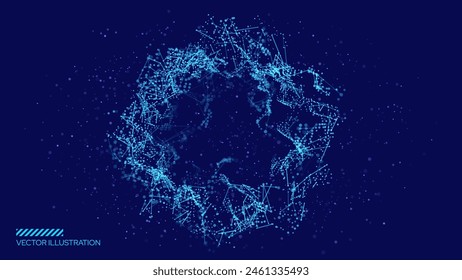 Partikel kreisförmigen Rahmen. Partikel Shockwave Explosion Effekt auf dunklem Hintergrund. Digitale Explosion. Visualisierung von Radial-Explosionswellen-Musik. Farbiger Equalizer-Hintergrund. Vektorillustration.