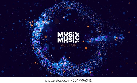 Particles Circle Frame. Particles Shockwave Explosion Effect on Dark Background. Digital Explosion. Radial Sound Explosion Wave Music Visualization. Colorful Equalizer Background. Vector Illustration.