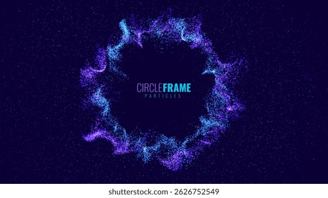 Quadro de Círculo de Partículas. Efeito de explosão de onda de choque de partículas em fundo escuro. Explosão digital. Radial Sound Explosion Wave Music Visualization. Fundo do equalizador colorido. Ilustração de vetor.