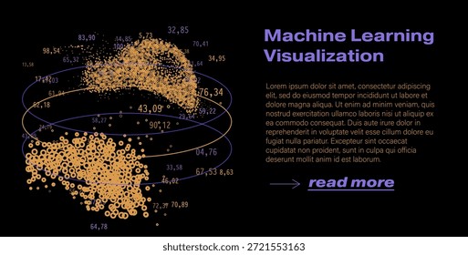 Partículas y círculos agrupados en órbitas elípticas con puntos de datos numéricos dispersos sobre un fondo oscuro, evocando incrustaciones de datos. Ilustración vectorial conceptual para la visualización del aprendizaje automático, la reducción de dimensionalidad y los temas de agrupamiento de redes neuronales.