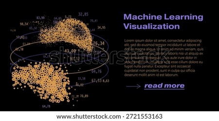 Particles and circles clustered in elliptical orbits with scattered numerical data points on a dark background, evoking data embeddings. Conceptual vector illustration for machine learning visualization, dimensionality reduction, and neural network clustering themes.