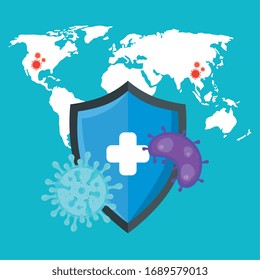 particles of coronavirus 2019 ncov with map world and shield vector illustration design