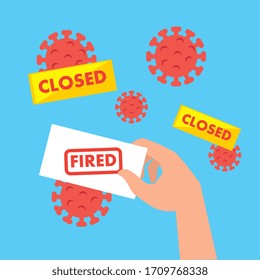 particles covid 19 with labels of closed and fired vector illustration design
