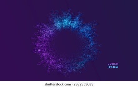 Particles explosion dots glowing abstract background. Neon circle splash surface shapes design. Big data technology and science vector.