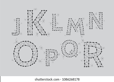 Particles font J-R. typography design. Abstract form with connected lines and dots. Vector Illustration. - line stroke weight editable