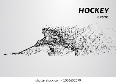 Particles in the form of a hockey player on a dark background. Vector illustration. Graphic concept of hockey