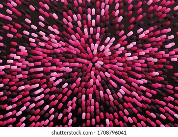 Particles gathering in the center of virtual space. Abstract background with color ovals. Motion vector illustration. 