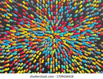 Particles gathering in the center of virtual space. Abstract background with color ovals. Motion vector illustration. 