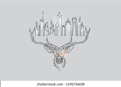 The particles, geometric art, line and dot of deer head and city
abstract vector illustration. graphic design concept of future living.
- line stroke weight editable