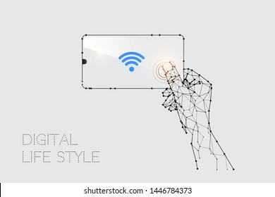 The particles, geometric art, line and dot of Hand holding a mobile phone.
abstract vector illustration. the graphic design concept of digital technology.
- line stroke weight editable