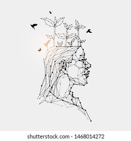 The particles, geometric art, line and dot of human head.
abstract vector illustration. graphic design concept of thinking.
- line stroke weight editable