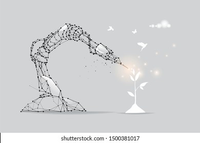 The particles, geometric art, line and dot of robot arm machine.
abstract vector illustration. graphic design concept of Artificial intelligence.
- line stroke weight editable