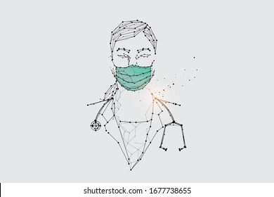 Die Partikel, geometrische Kunst, Linie und Punkt des Menschen mit Maske für den Virenschutz.
abstrakte Vektorillustration. Grafikdesign Konzept der Medizin.
- Streckengewicht bearbeitet
