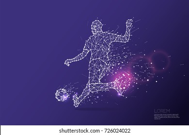 The particles, geometric art, line and dot of football player shooting.
abstract vector illustration. 
graphic design concept of sport motion
- line stroke weight editable