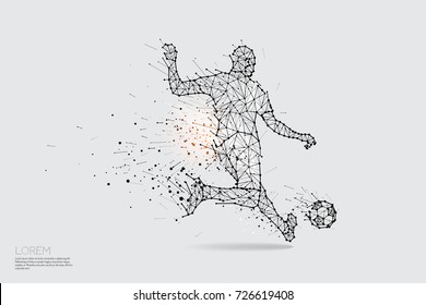 The particles, geometric art, line and dot of football player shooting.
abstract vector illustration. 
graphic design concept of sport motion
- line stroke weight editable