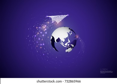 The particles, geometric art, line and dot of world and rocket paper
abstract vector illustration. Graphic design concept of world and technology - line stroke weight editable