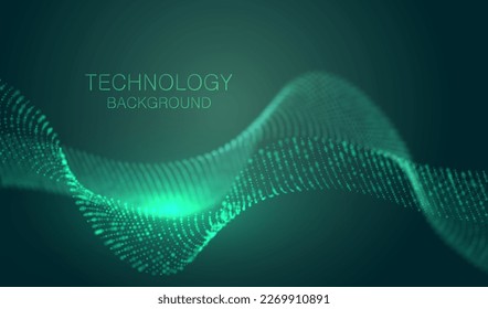 Particles green dots glowing abstract background. Neon explosion splash surface shapes design. Modern cyber light big data technology and science vector.