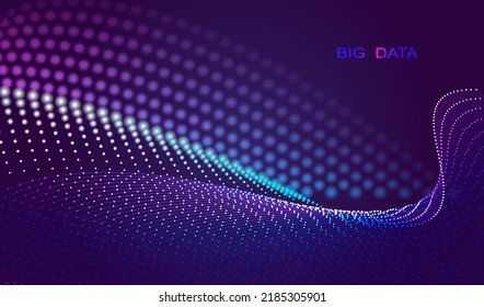Particles halftone dots glowing abstract background. Neon splash surface shapes design. Modern big data technology and science vector.