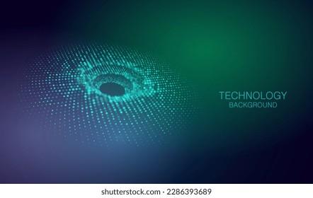 Partículas de medio tono de puntos brillando el fondo abstracto. Diseño de formas de túnel neón. Tecnología moderna de ciberluz de grandes datos y vector científico.