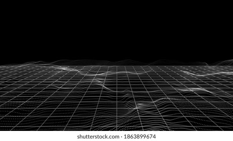 Particles landscape. White dots, perspective grid tech framework. Digital banner, sound waves or wavy surface vector background