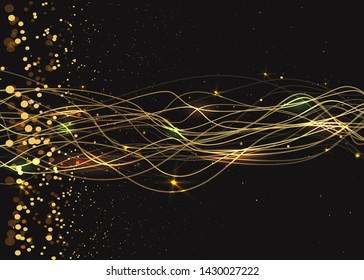 Particles lines waves golden dust curl, with bokeh and twinkles, glitter luxury background for web and print decoration, elegant metallic magic firework