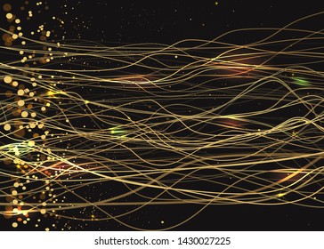 Particles lines waves golden dust curl, with bokeh and twinkles, glitter luxury background for web and print decoration, elegant metallic magic firework