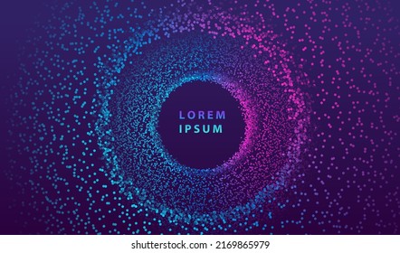 Particles liquid dots circle glowing abstract big data background. Neon explosion splash surface shapes design. Modern cyber light data technology and science vector.