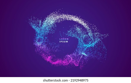 Particles liquid dots circle glowing abstract big data background. Neon explosion splash surface shapes design. Modern cyber light data technology and science vector.