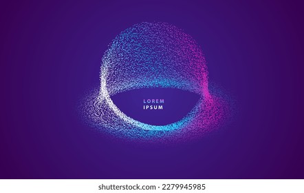 Particles liquid dots circle glowing abstract big data background. Neon explosion splash surface shapes design. Modern cyber light data technology and science vector.