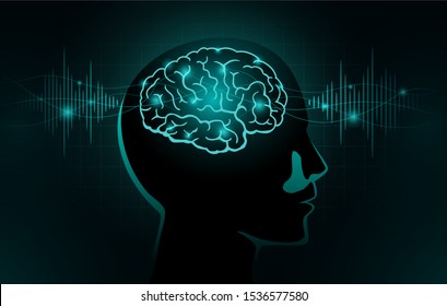 Particles move into human brain. Concept Illustration about Brain wave and Frequency.