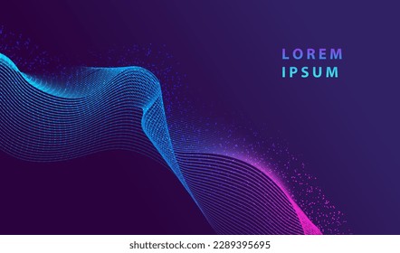 Particles network glowing mesh dots abstract background. Neon splash  design. Modern big data technology and science vector. Sound wave concept.