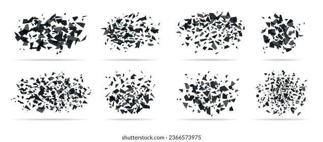 Particles shatter and burst. Black explosion, glass or plastic broken. Bursts destructions, explode effect with geometry confetti, racy vector set